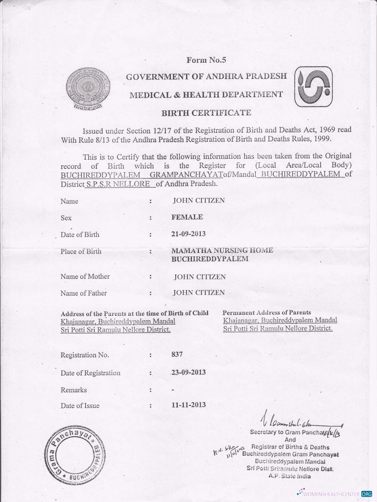 Download India Medical & Health department of government of Andhra Pradesh birth certificate Photoshop template